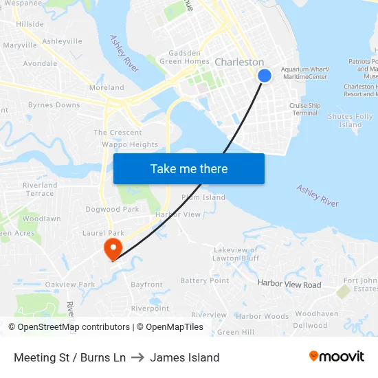 Meeting St / Burns Ln to James Island map