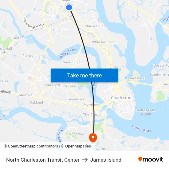 North Charleston Transit Center to James Island map
