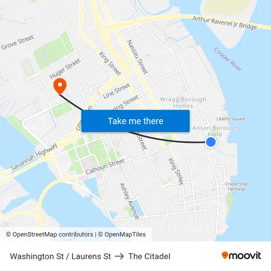 Washington St / Laurens St to The Citadel map