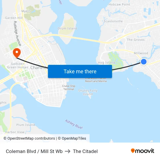 Coleman Blvd / Mill St Wb to The Citadel map