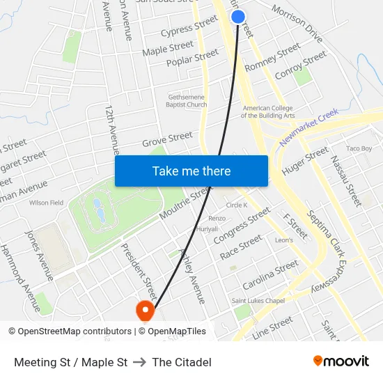 Meeting St / Maple St to The Citadel map