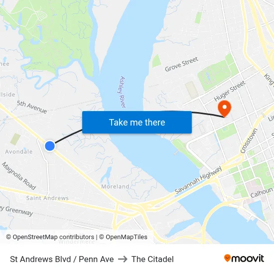 St Andrews Blvd / Penn Ave to The Citadel map
