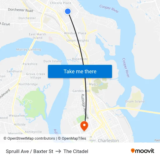 Spruill Ave / Baxter St to The Citadel map