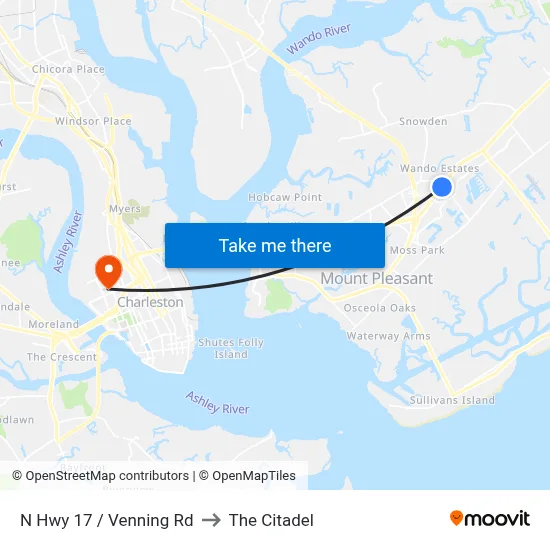 N Hwy 17 / Venning Rd to The Citadel map