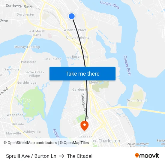 Spruill Ave / Burton Ln to The Citadel map