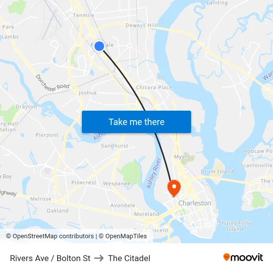 Rivers Ave / Bolton St to The Citadel map