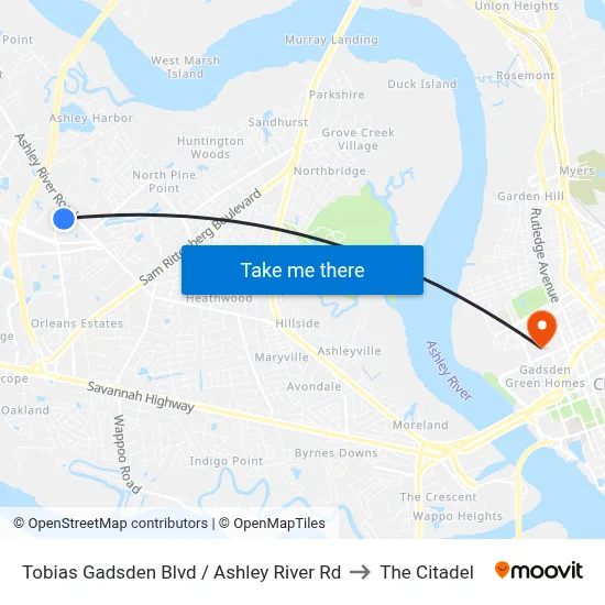 Tobias Gadsden Blvd / Ashley River Rd to The Citadel map