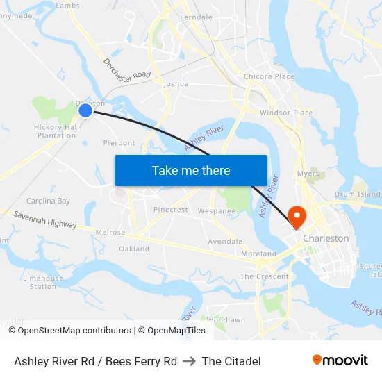 Ashley River Rd / Bees Ferry Rd to The Citadel map