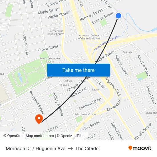 Morrison Dr / Huguenin Ave to The Citadel map
