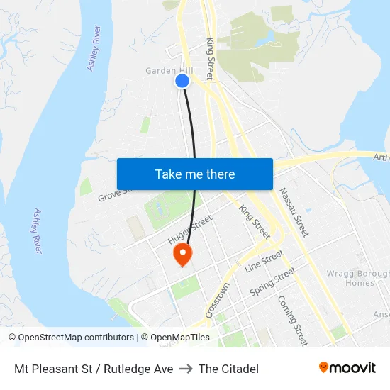Mt Pleasant St / Rutledge Ave to The Citadel map