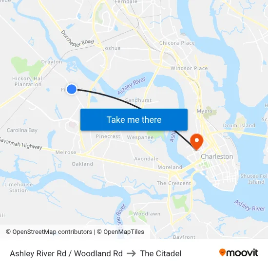 Ashley River Rd / Woodland Rd to The Citadel map