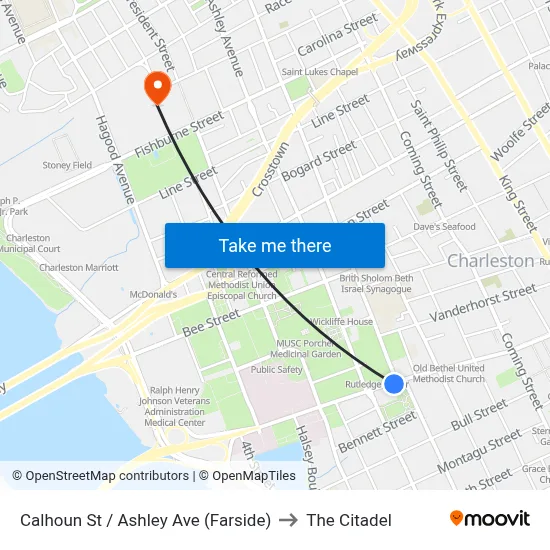Calhoun St / Ashley Ave (Farside) to The Citadel map