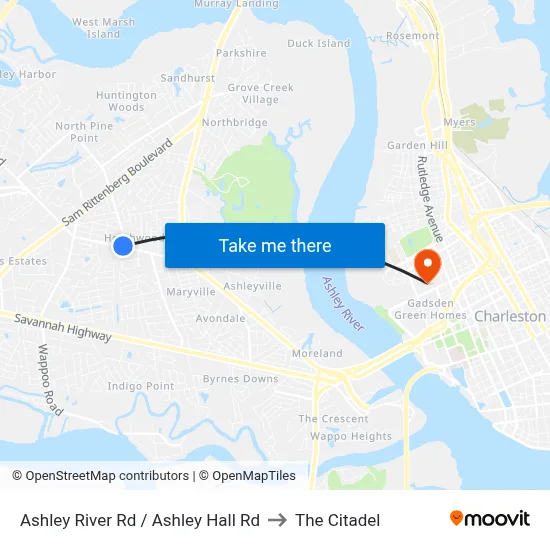 Ashley River Rd / Ashley Hall Rd to The Citadel map