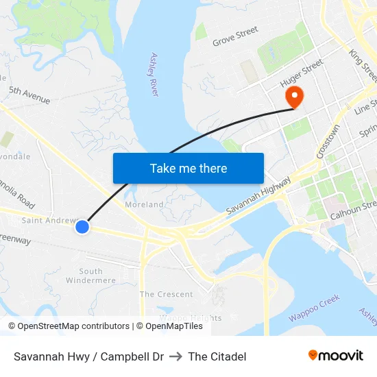 Savannah Hwy / Campbell Dr to The Citadel map