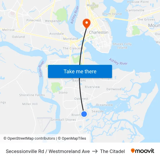 Secessionville Rd / Westmoreland Ave to The Citadel map