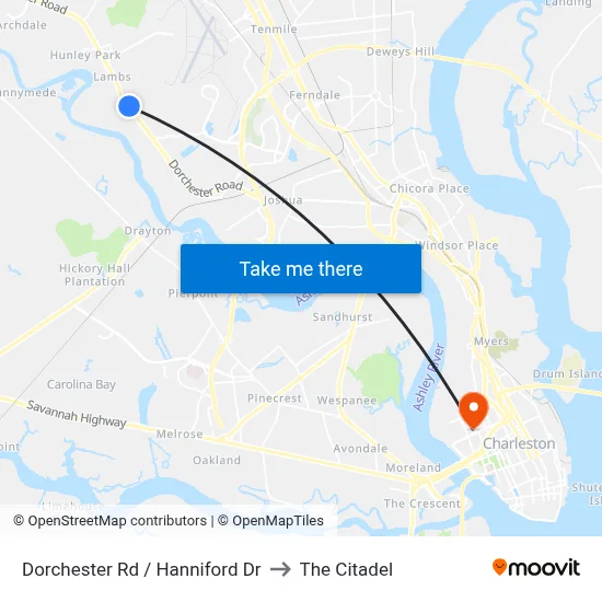 Dorchester Rd / Hanniford Dr to The Citadel map