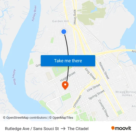 Rutledge Ave / Sans Souci St to The Citadel map