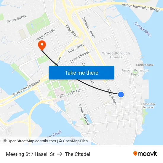 Meeting St / Hasell St to The Citadel map