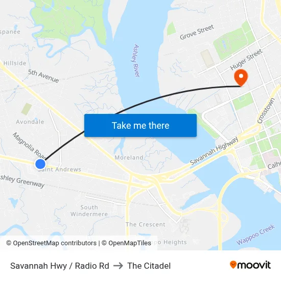 Savannah Hwy / Radio Rd to The Citadel map