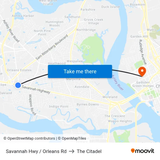 Savannah Hwy / Orleans Rd to The Citadel map