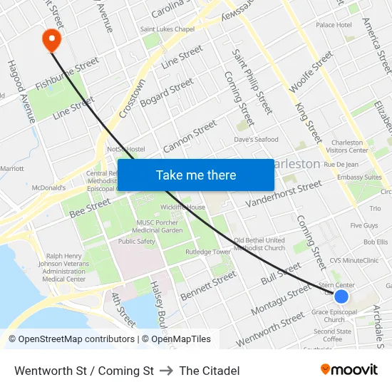 Wentworth St / Coming St to The Citadel map