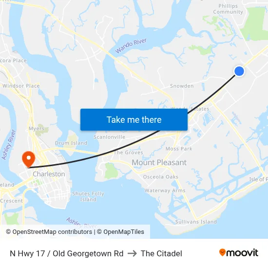 N Hwy 17 / Old Georgetown Rd to The Citadel map