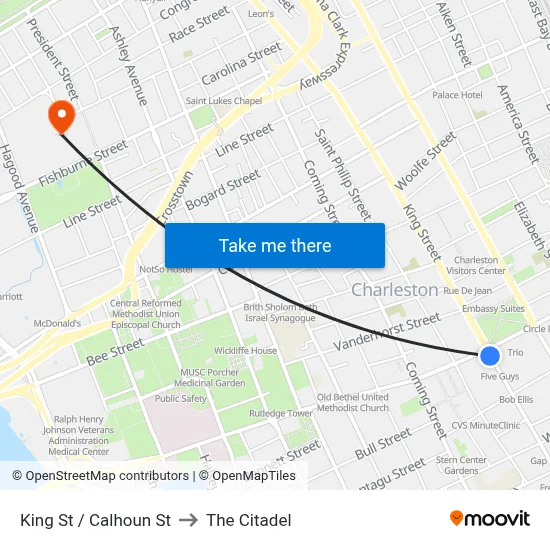 King St / Calhoun St to The Citadel map