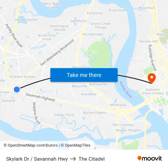 Skylark Dr / Savannah Hwy to The Citadel map