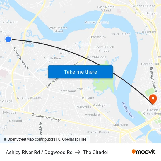Ashley River Rd / Dogwood Rd to The Citadel map