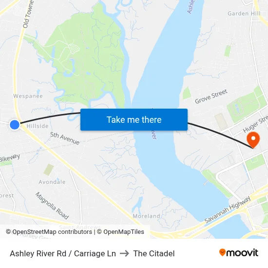 Ashley River Rd / Carriage Ln to The Citadel map