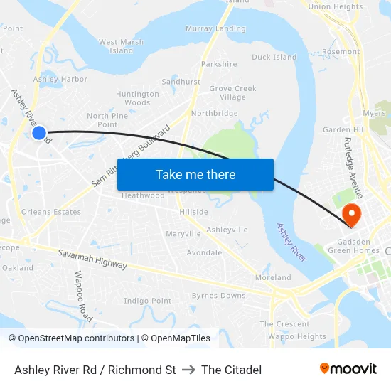 Ashley River Rd / Richmond St to The Citadel map