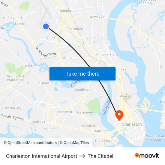 Charleston International Airport to The Citadel map