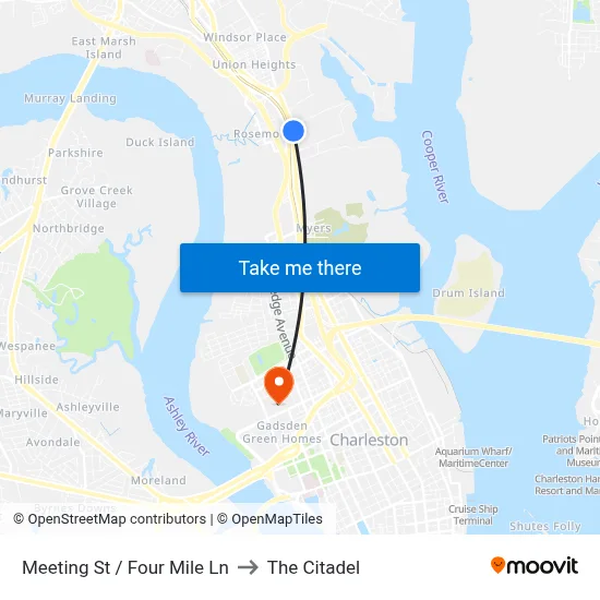 Meeting St / Four Mile Ln to The Citadel map