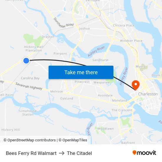 Bees Ferry Rd Walmart to The Citadel map