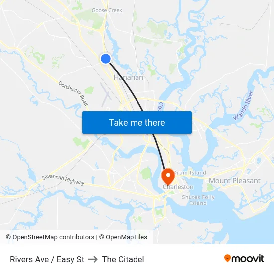 Rivers Ave / Easy St to The Citadel map