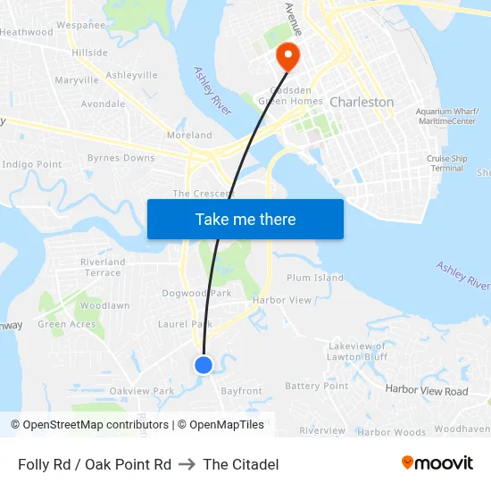 Folly Rd / Oak Point Rd to The Citadel map