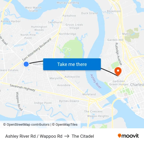Ashley River Rd / Wappoo Rd to The Citadel map