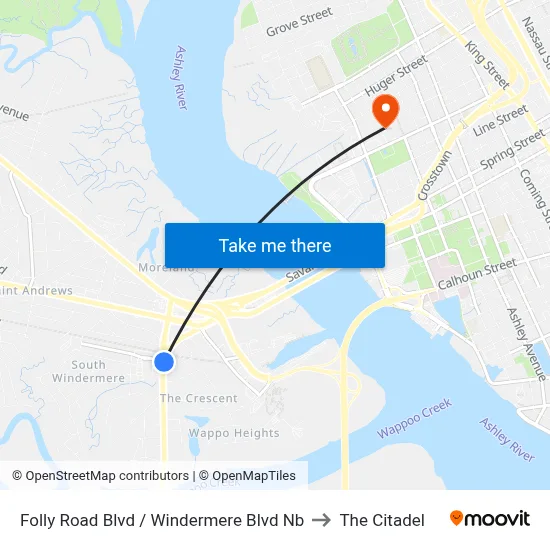 Folly Road Blvd / Windermere Blvd Nb to The Citadel map