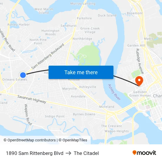 1890 Sam Rittenberg Blvd to The Citadel map