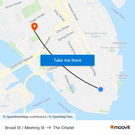 Broad St / Meeting St to The Citadel map