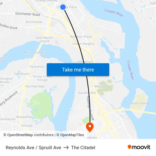 Reynolds Ave / Spruill Ave to The Citadel map