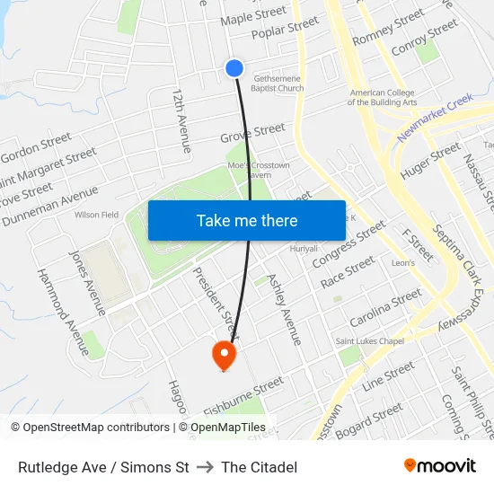 Rutledge Ave / Simons St to The Citadel map