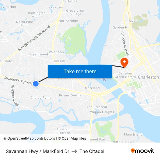 Savannah Hwy / Markfield Dr to The Citadel map