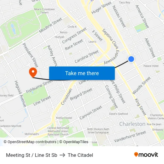 Meeting St / Line St Sb to The Citadel map
