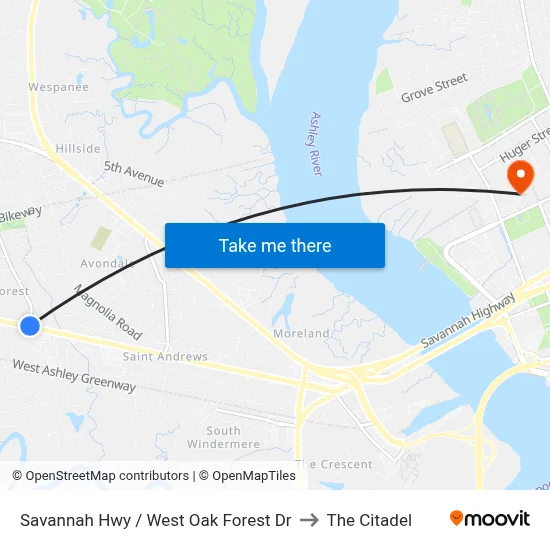 Savannah Hwy / West Oak Forest Dr to The Citadel map