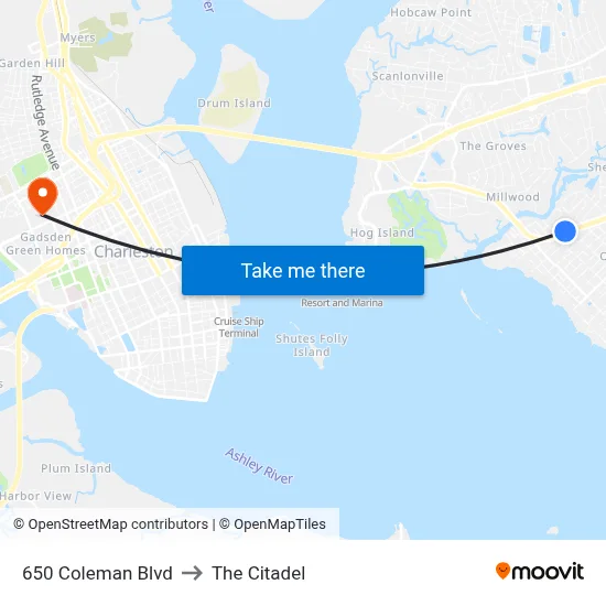 650 Coleman Blvd to The Citadel map