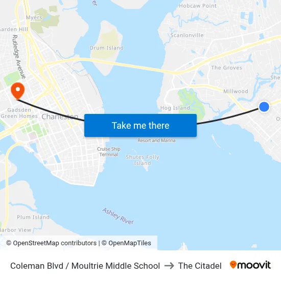 Coleman Blvd / Moultrie Middle School to The Citadel map