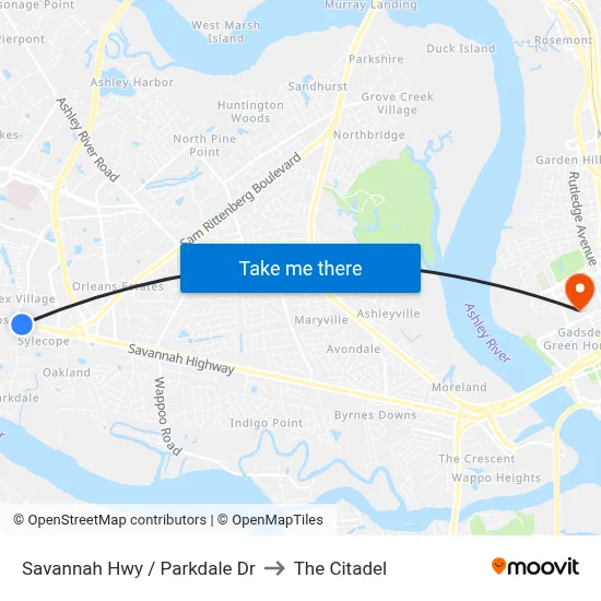 Savannah Hwy / Parkdale Dr to The Citadel map