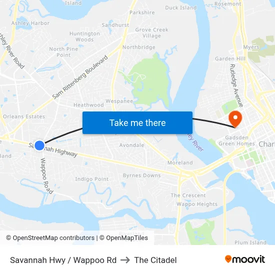 Savannah Hwy / Wappoo Rd to The Citadel map
