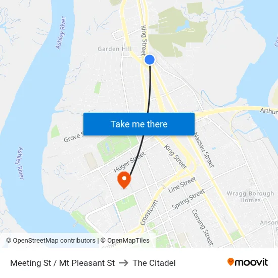 Meeting St / Mt Pleasant St to The Citadel map
